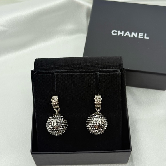 CHANEL Black and Silver CC Disco Ball Dangle Earrings